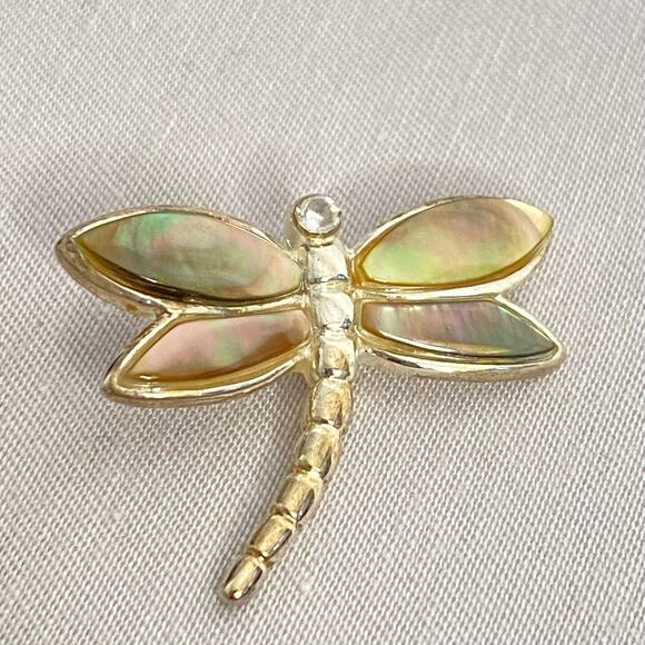 Dragonfly Pendant Yellow Green Abalone Wings On Silver Tone Metal - Picture 3 of 9